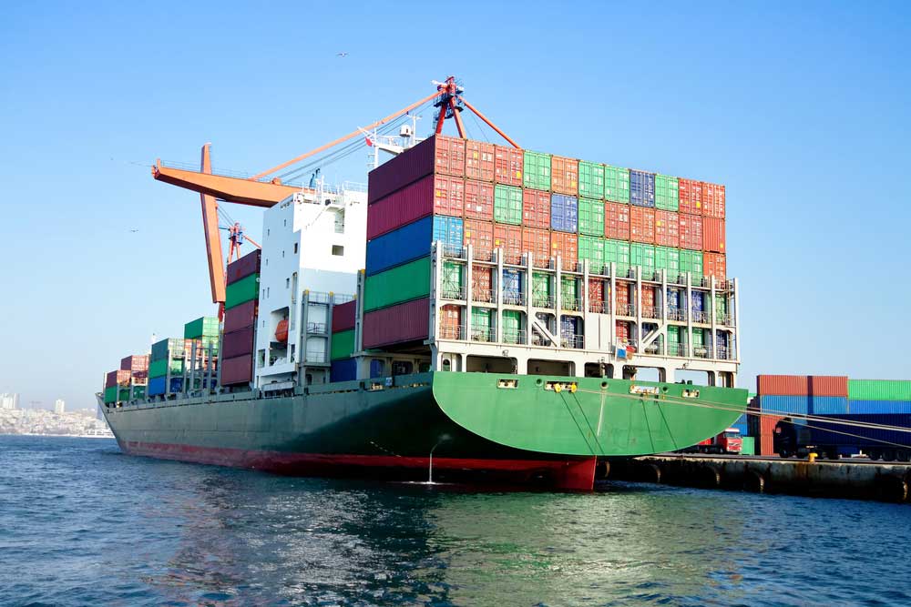 ocean freighter being loaded at port